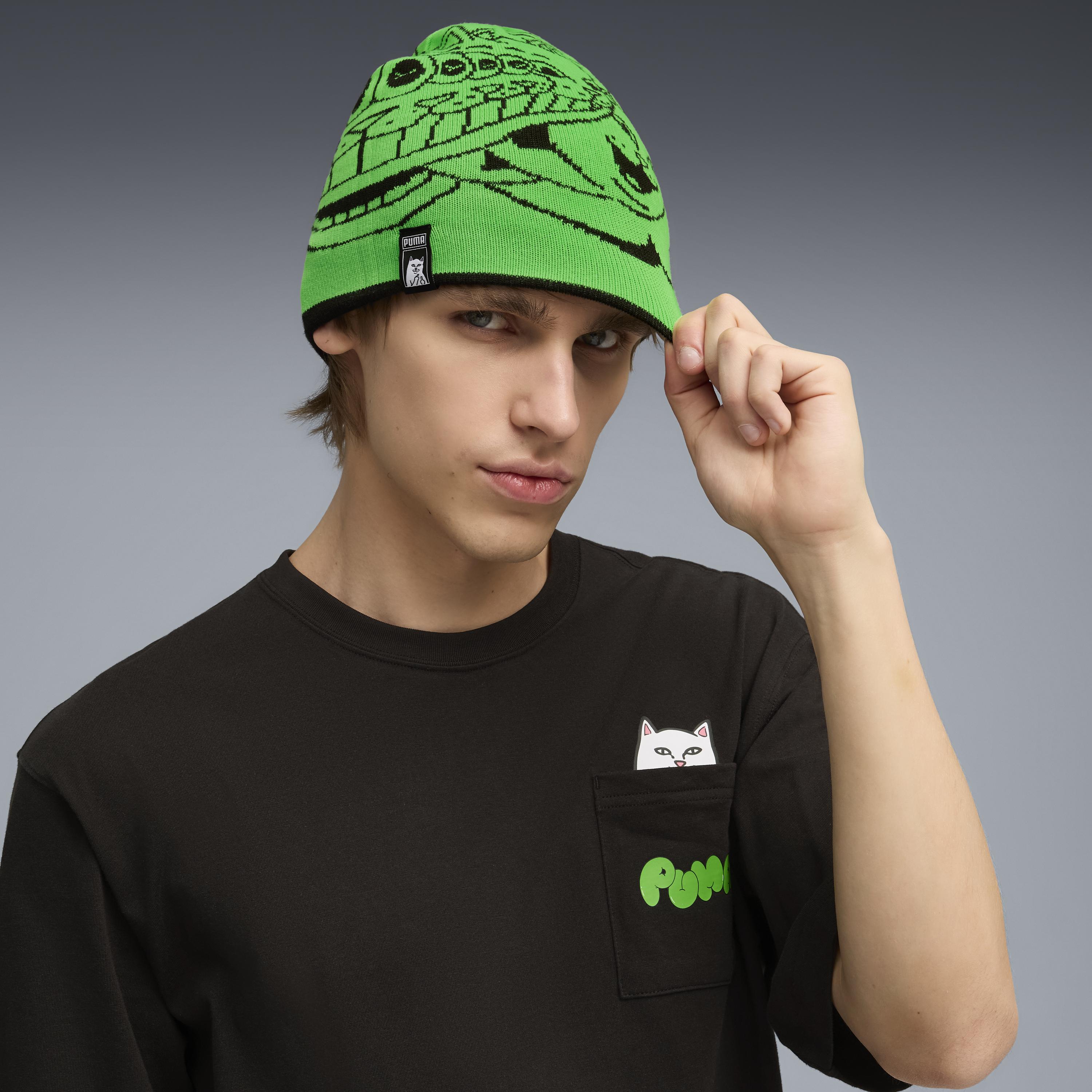 RIPNDIP PUMA x RIPNDIP Reversable Skull Beanie (PUMA Black-Fluro Green Pes)