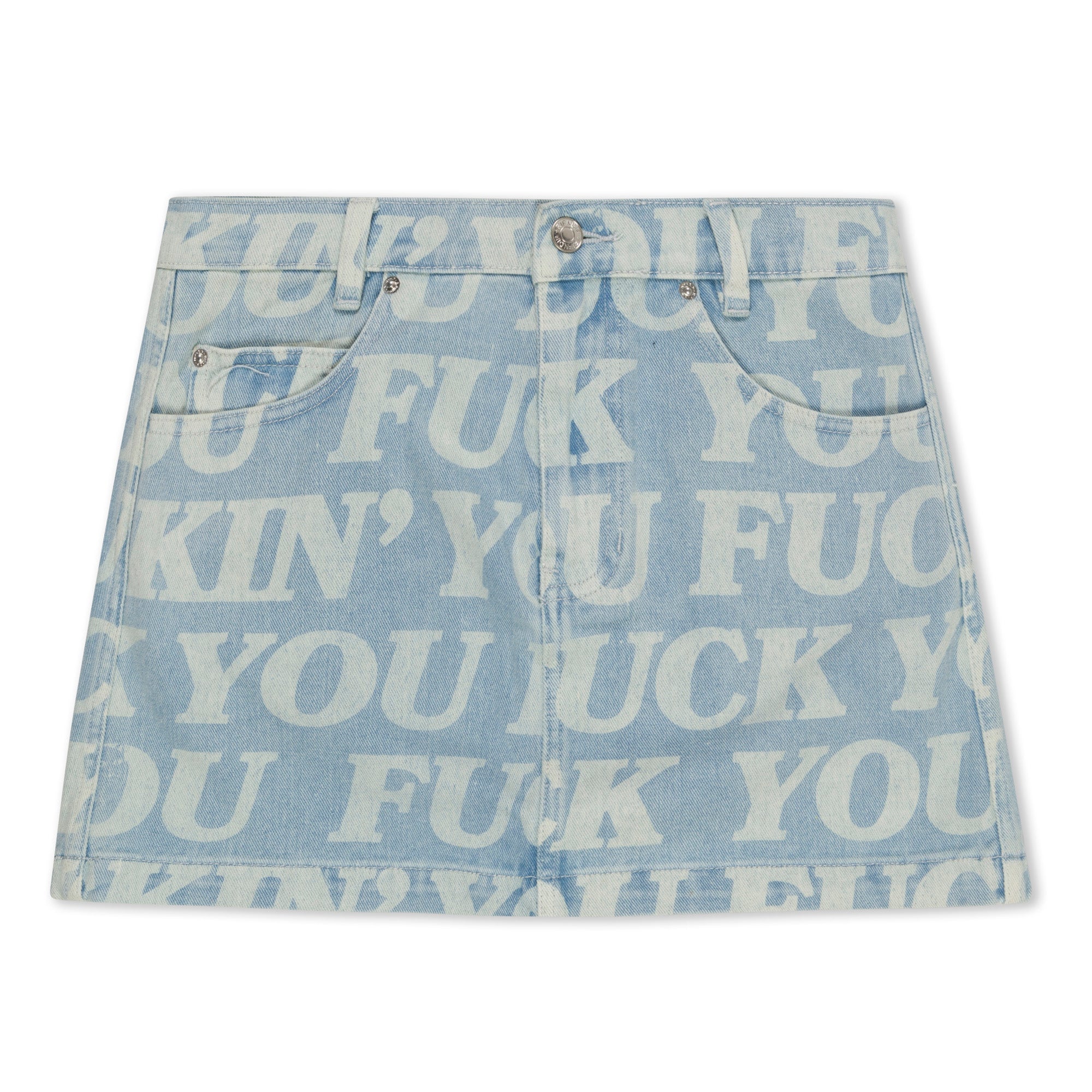 Fuckin Fuck Denim Mini Skirt  (Light Wash )