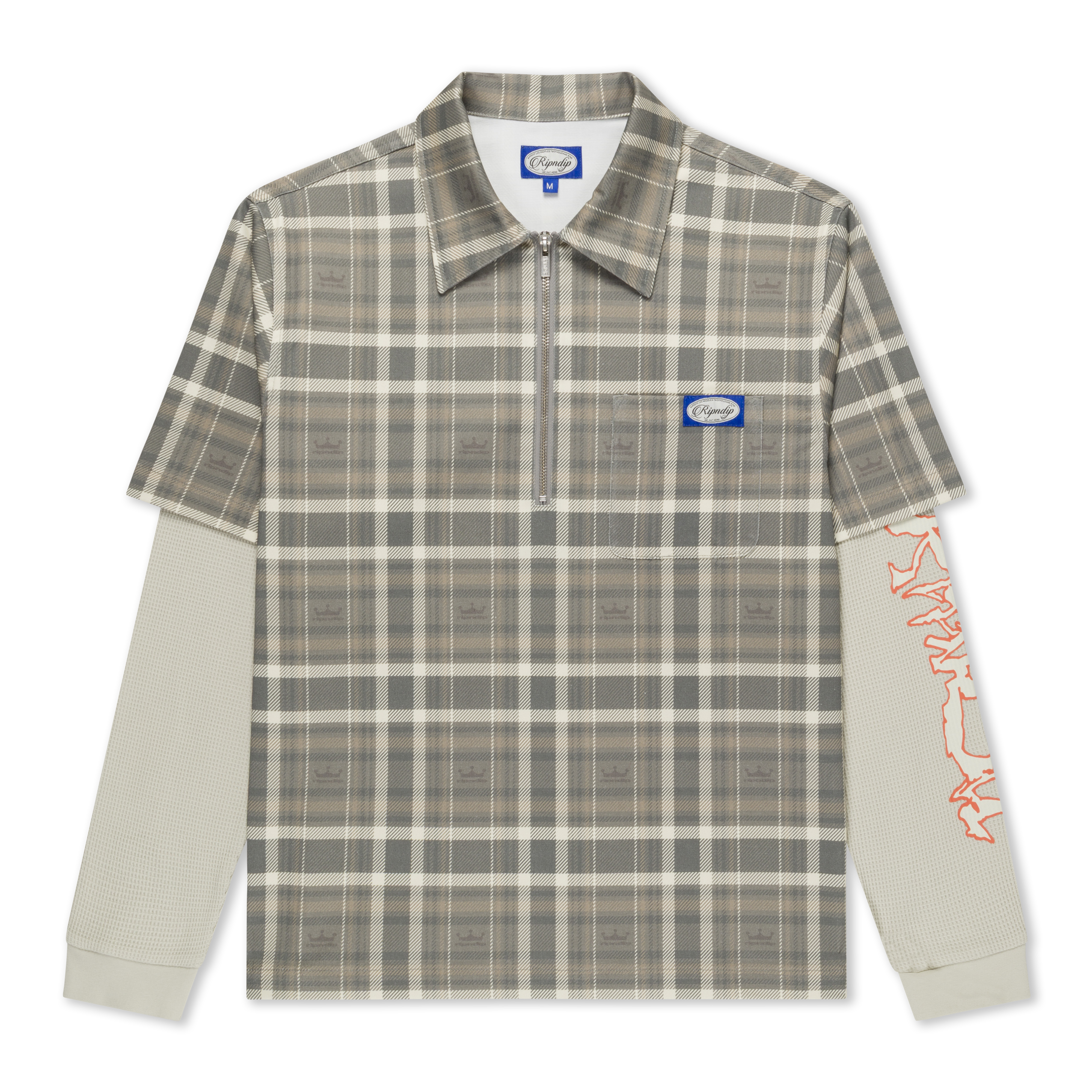 Pacific Beach Half Zip Double Sleeve Tee (Tan Plaid)