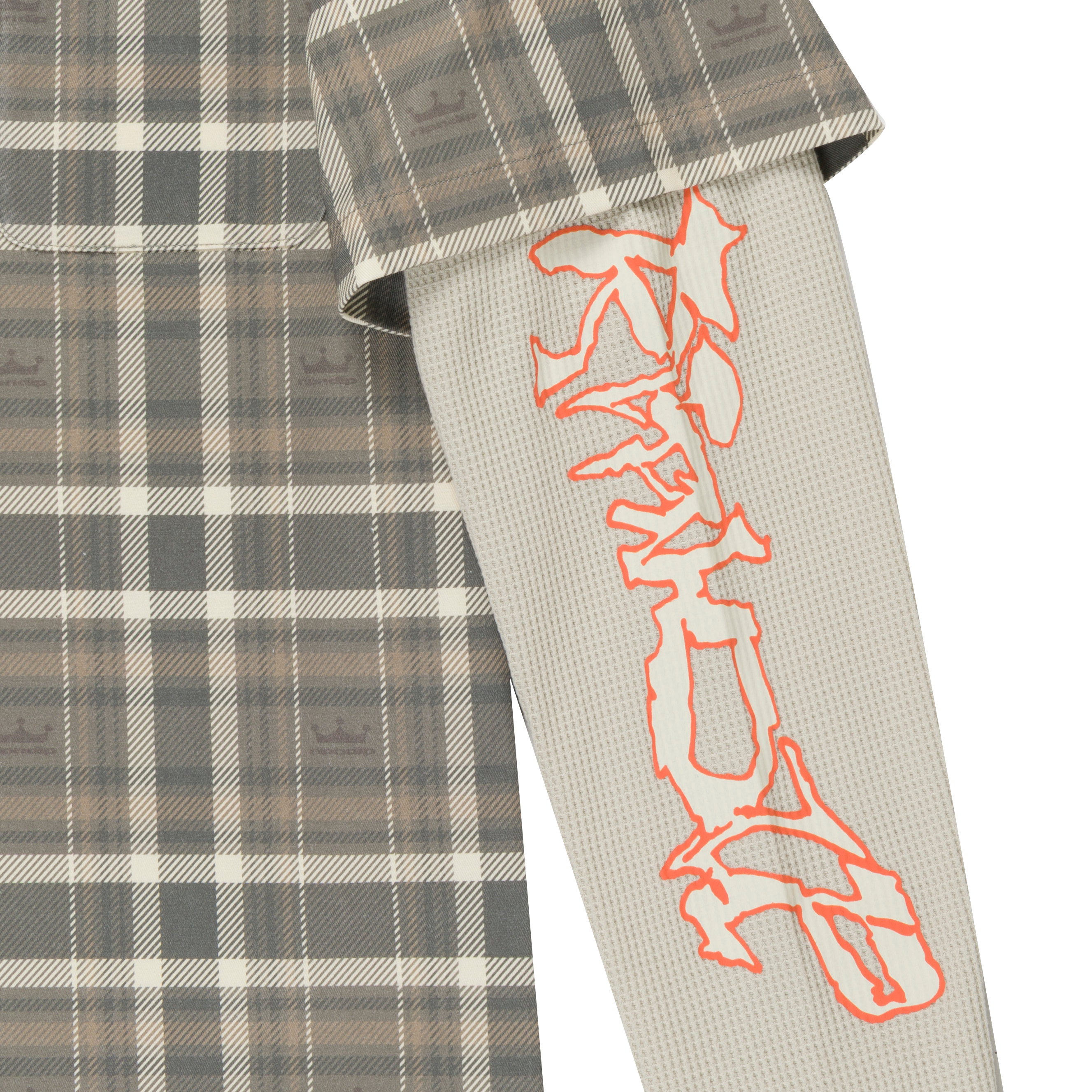 Pacific Beach Half Zip Double Sleeve Tee (Tan Plaid)