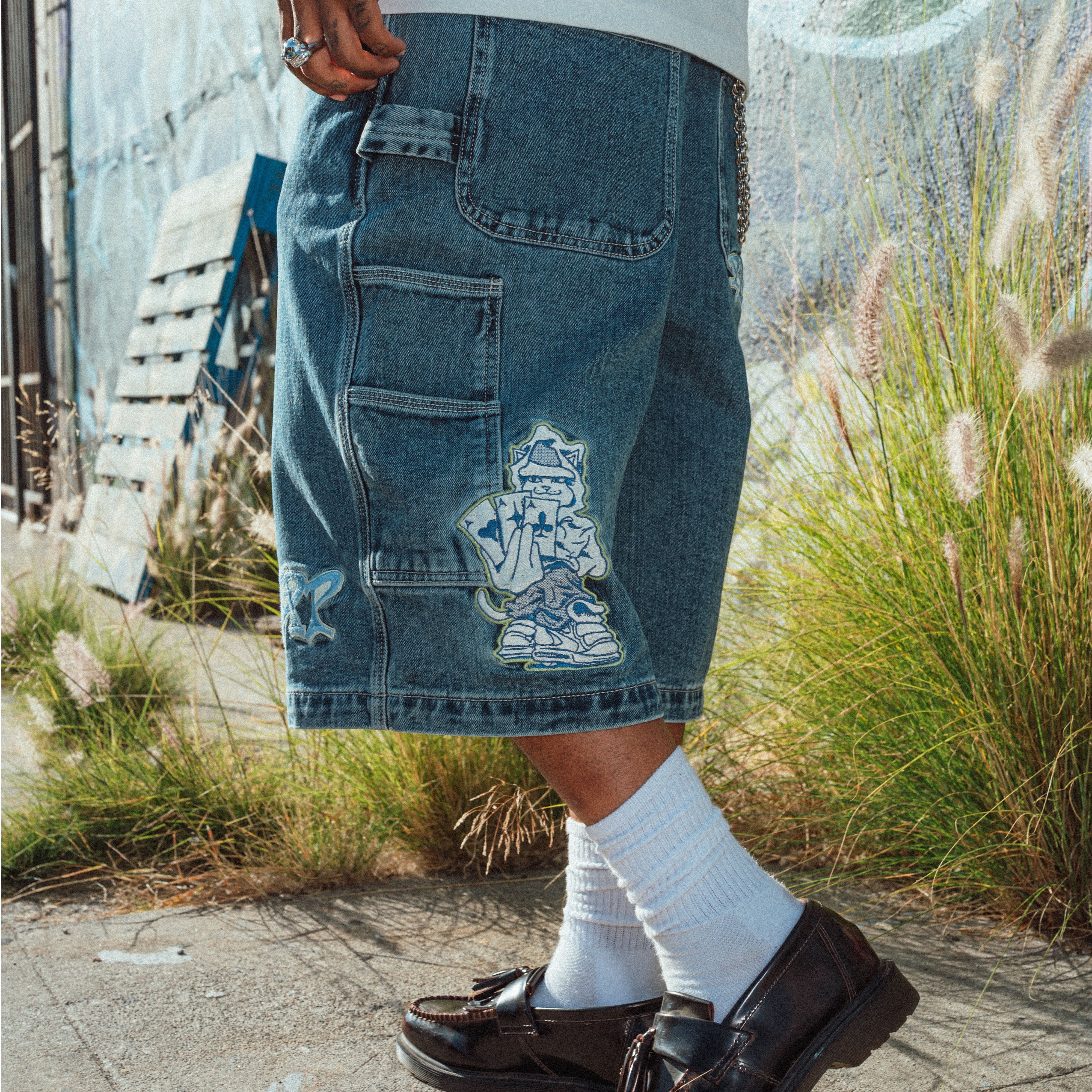 RIPNDIP Ace Ultra Wide Leg Shorts (Medium Wash)