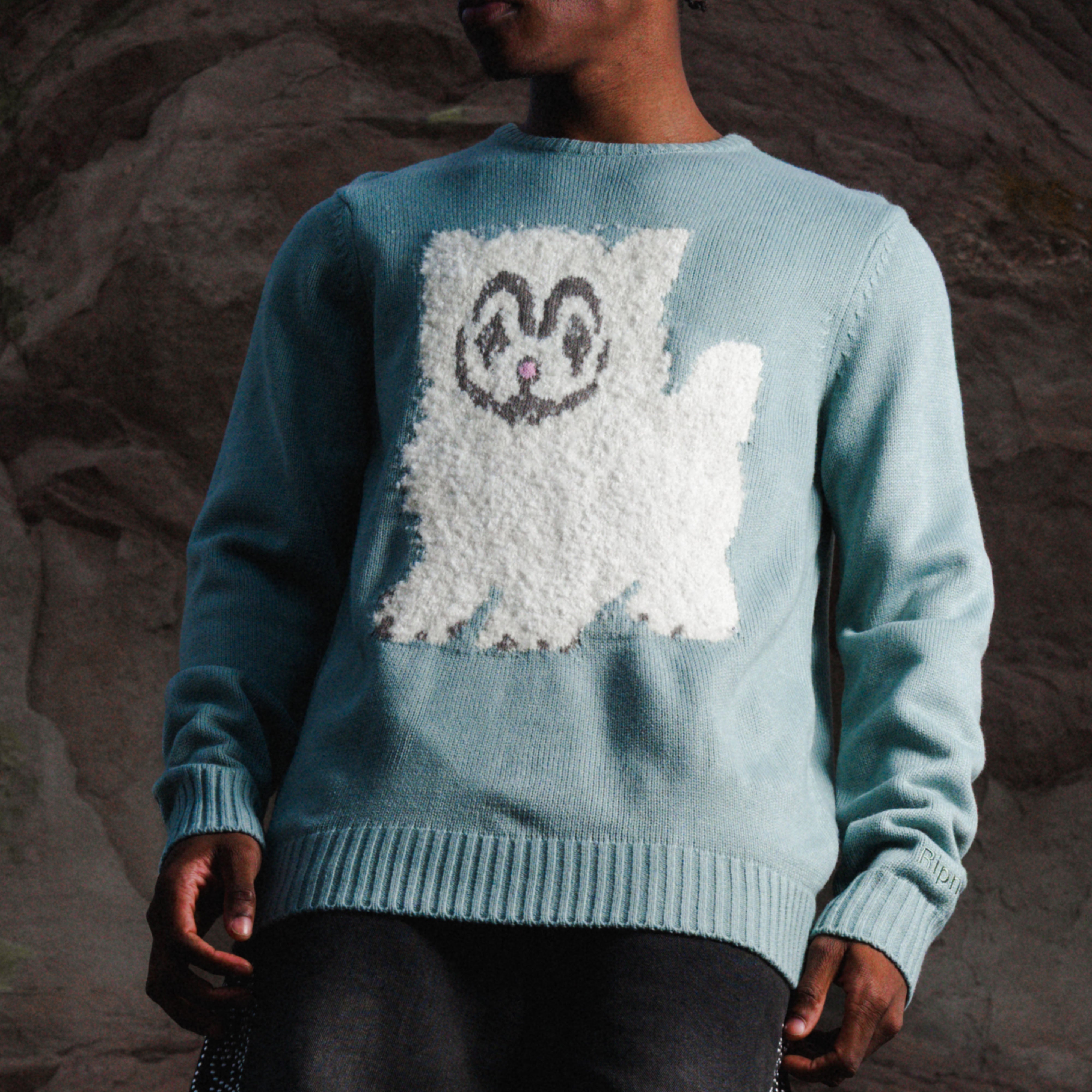 RIPNDIP Pet Me Im Cute Knit Sweater (Heather Sage Grey)