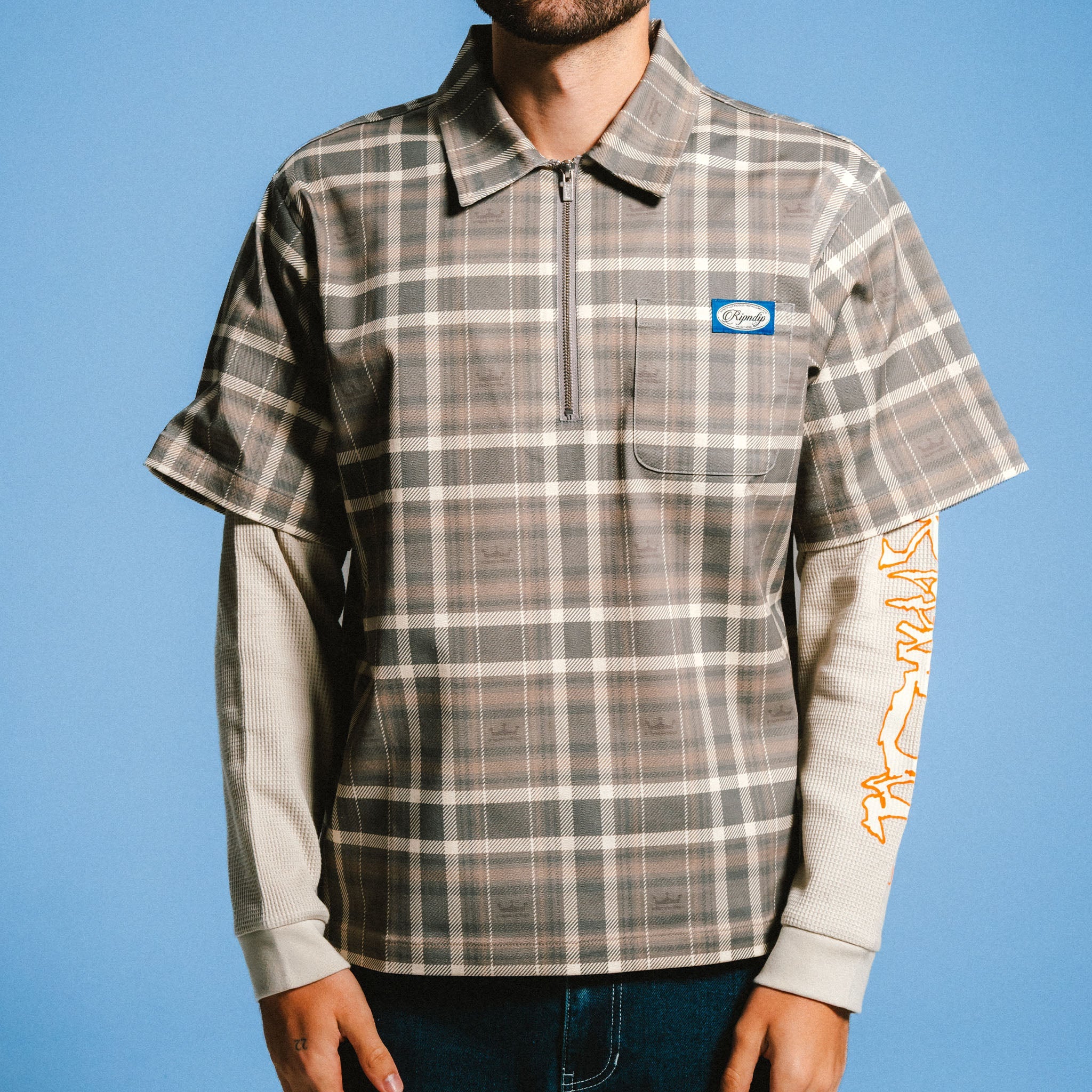 Pacific Beach Half Zip Double Sleeve Tee (Tan Plaid)